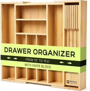 Bamboo Expandable Adjustable Silverware Drawer Organizer w/ Knife Block Kitchen